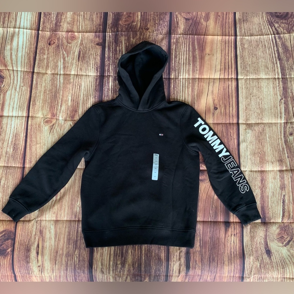 NWT Tommy Jeans Men's Long Sleeve Side Logo Letters Black Pullover Hoodie Sz: S
